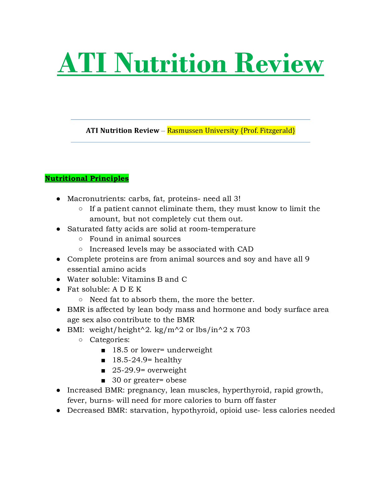 ATI Nutrition Review – Rasmussen University